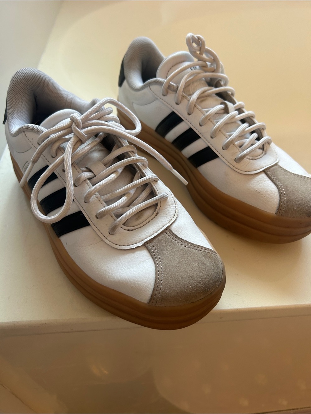 adidas White Sneakers with Black Stripes and Gum Platform Sole